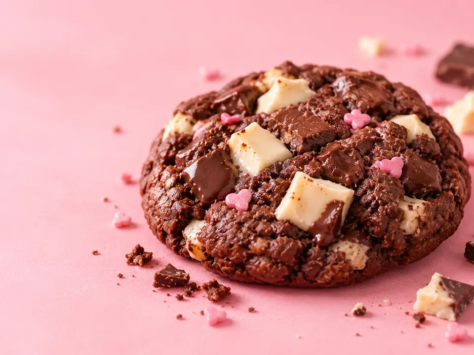 A sneak peek of a double chocolate cookie with white chocolate chunks